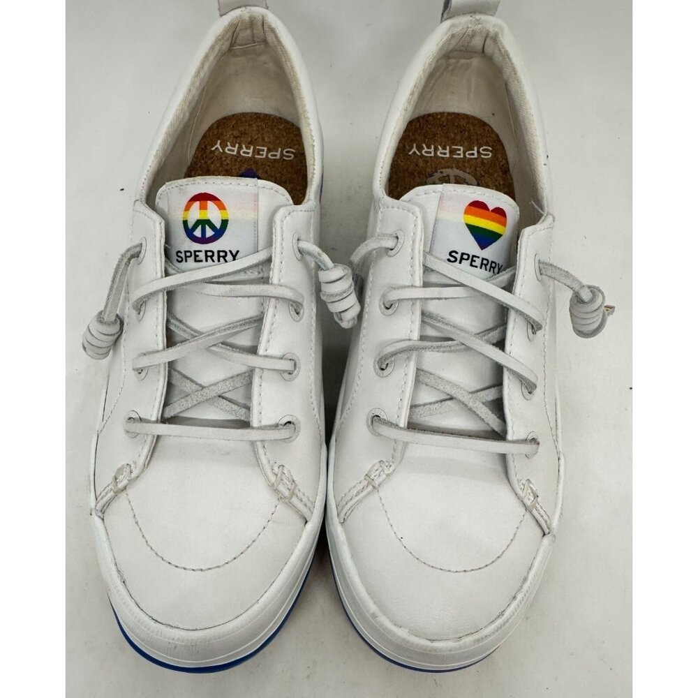 Sperry Womens White Leather Sneakers Rainbow Sole Pride Symbols Size 6.5